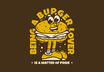 Burger lover mascot character with leg illustration in retro colors