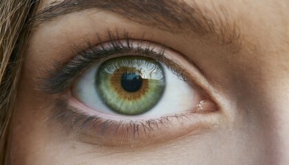 Obraz premium Woman, close-up of a single green eye with detailed focus on eyelashes and eyebrows, AI generated, AI generated