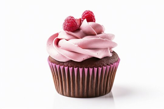 Cupcake with pink frosting and raspberry fruits. KI generiert, generiert AI generated
