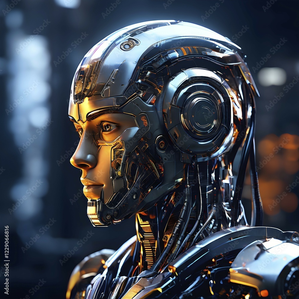 Poster advanced humanoid robot heads illustrating future robot concepts, ai generated