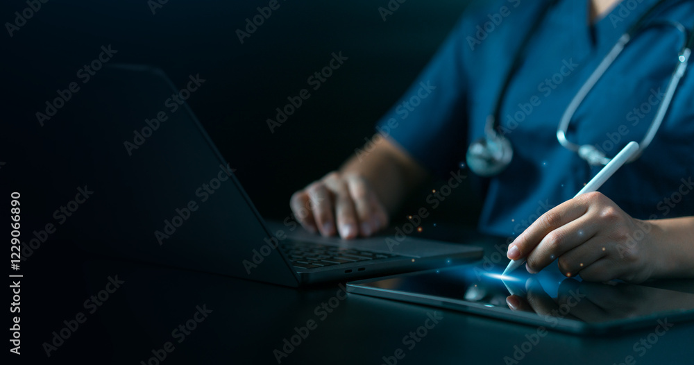 Wall mural medical technology with ai system on desktop computer screen. concept of emr electronic health monit