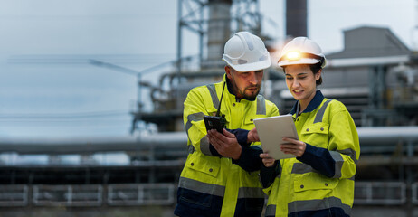 Male and female industrial engineers wearing hard hats talk to collaborate on new project. Team of...