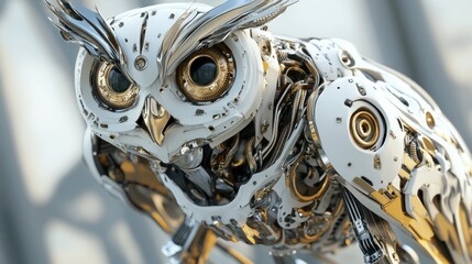 Fototapeta premium Close-up of a robotic owl with intricate metallic details.