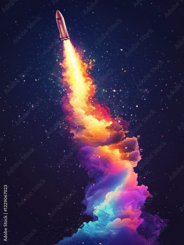 Poster vector design of a rocket launching into space leaving a trail of vibrant colors symbolizing innovat