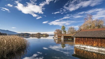 Fototapeta premium Boathouses at Staffelsee, Seehausen, Upper Bavaria, Bavaria, Germany, Europe