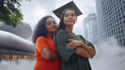 two young women standing on smoke background