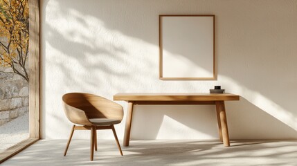 Cozy minimalistic interior featuring wooden chair and table with blank frame in bright and airy natural light environment