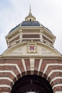 Upper part of the historic entrance gate Morspoort in the city of Leiden in The Netherlands with the famous keys on the coat of arms.