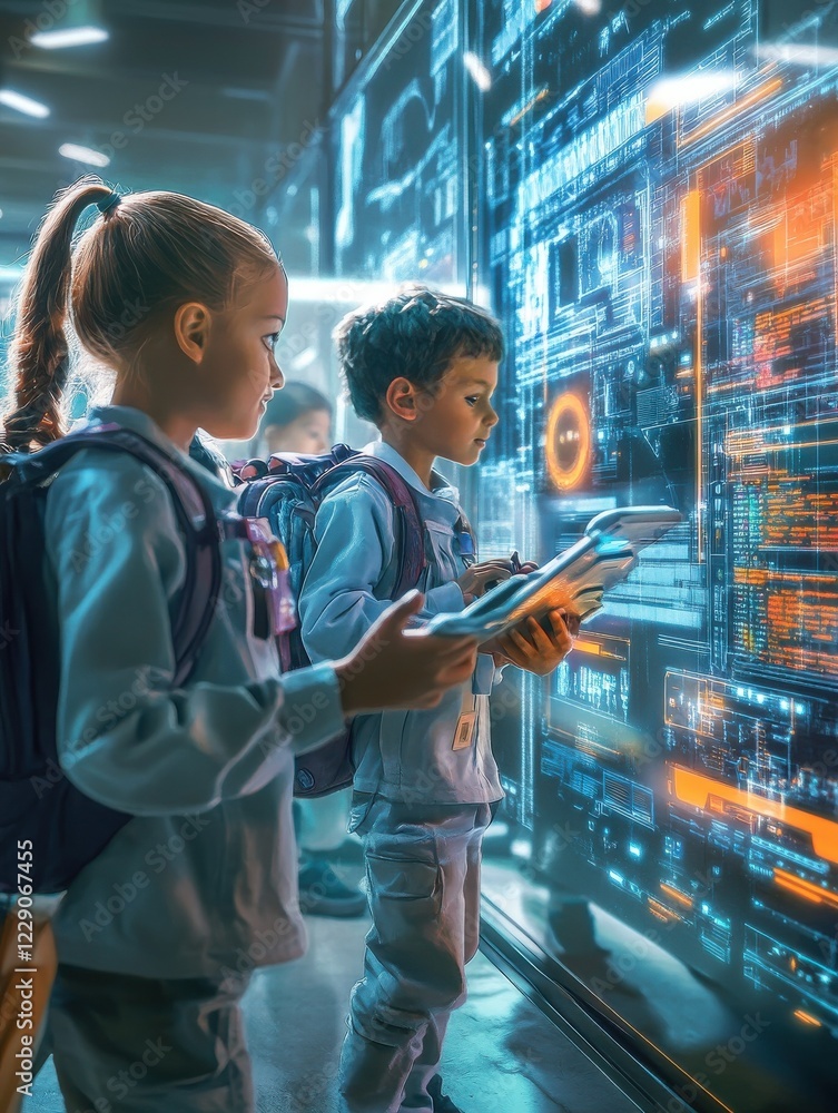 Aufkleber group of multiethnic schoolkids interacting using gadgets for programming for robotics engineering c