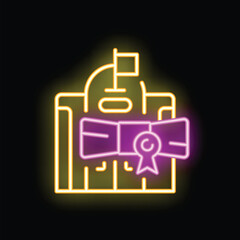 Glowing neon icon representing graduation certificate with ribbon and seal, placed on clipboard with check mark, symbolizing academic achievement