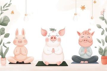 Pig leads a yoga class while animals relax in a peaceful setting, blending humor and mindfulness in a minimalist style