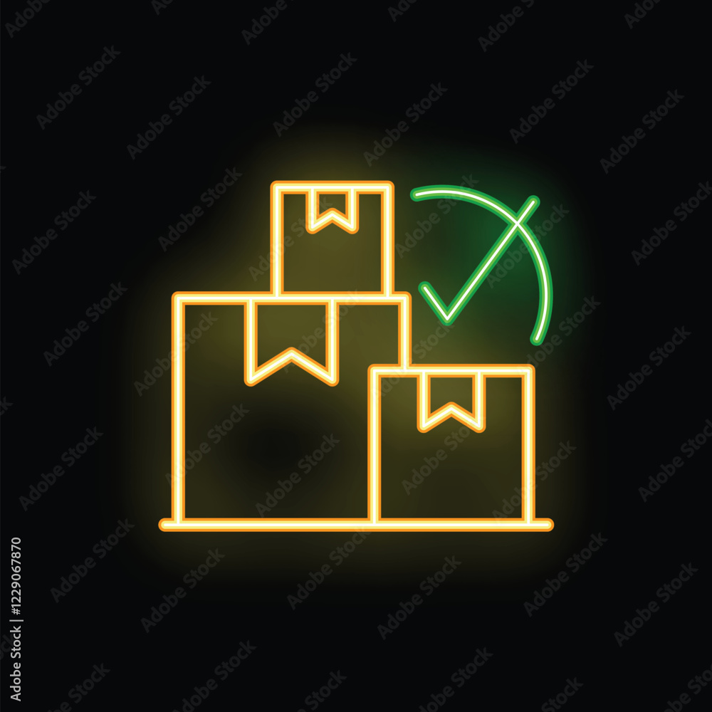 Aufkleber neon sign representing order fulfillment, featuring a stack of cardboard boxes with a green check ma