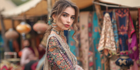 Obraz premium young indian woman standing at street market