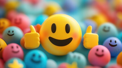 Smiley face surrounded by positive symbols, thumbs-up gestures, stars, and happy emoticons Feedback rating and customer satisfaction, positive experiences and reviews.
