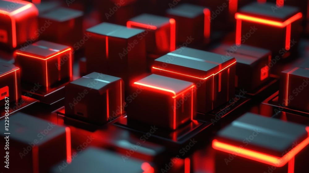 Poster Abstract digital rendering of boxes with red neon lights, representing online shopping and fast delivery.