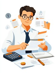 Fototapeta premium Finance, accountant with calculator and documents, flat design illustration