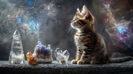 Curious kitten explores mystical crystals enigmatic universe digital art cat fantasy close-up spiritual research
