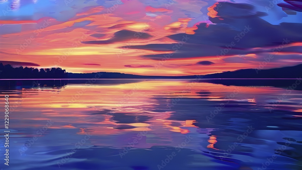 Poster ai generated illustration of a serene lake with reflections on the surface replaced with shimmering 