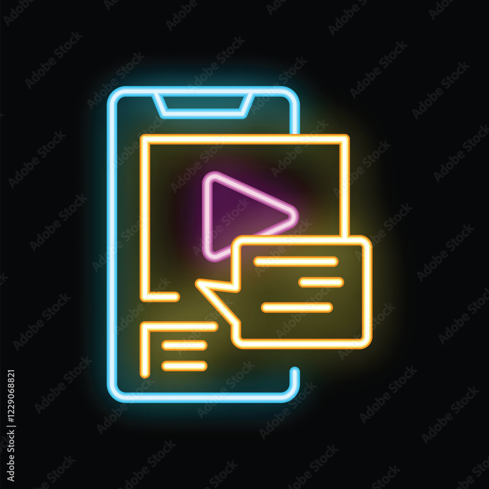 Poster neon icon of a smartphone displaying a video player with a comments section, symbolizing social medi