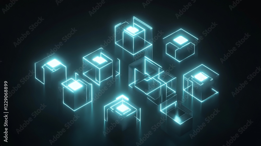 Poster abstract 3d illustration of a digital blockchain network with glowing neon cubes, symbolizing techno