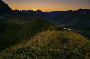 Summit ridge of the Höferspitze with Lechtal Alps at sunrise, Schröcken, Vorarlberg, Austria, Europe