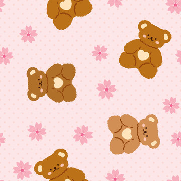 Korean teddy bear with sakura flowers on a pink pastel seamless pattern texture background with polka dots.