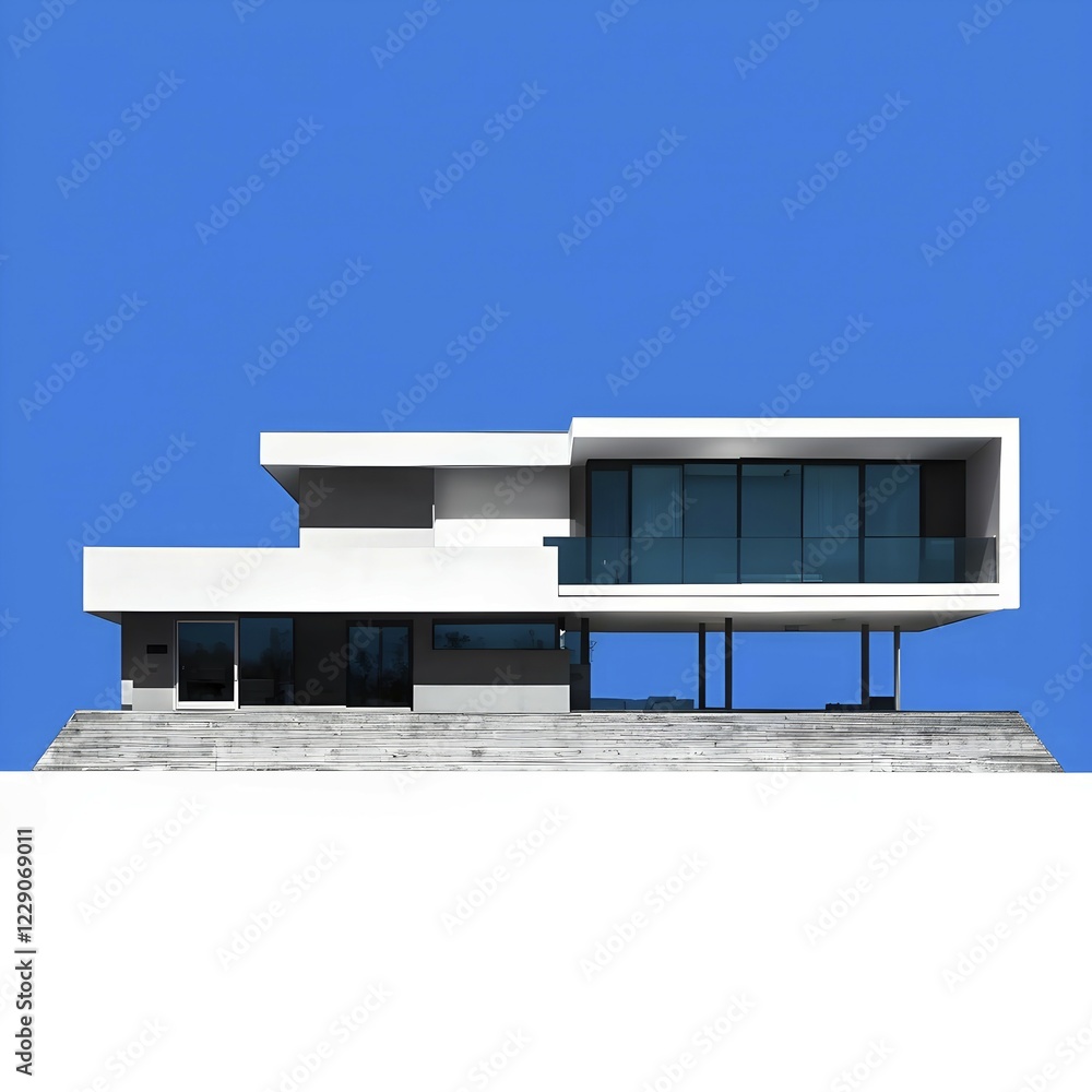 Poster ai generated minimalistic architecture house design in monochrome grey structure with blue backgroun