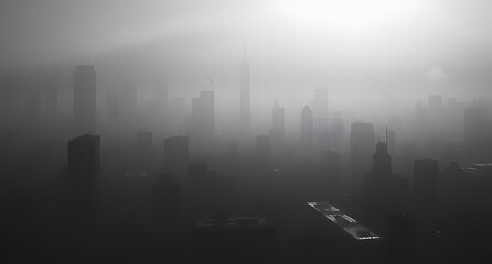 Fototapeta premium Foggy noir cityscape silhouette – Dark urban skyline, hazy atmosphere, deep shadows