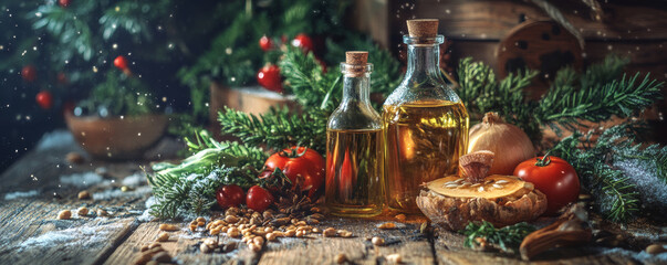 Fototapeta premium cozy arrangement of vegetable oils in glass bottles surrounded by fresh ingredients like tomatoes, onions, and herbs, evoking warm, festive atmosphere
