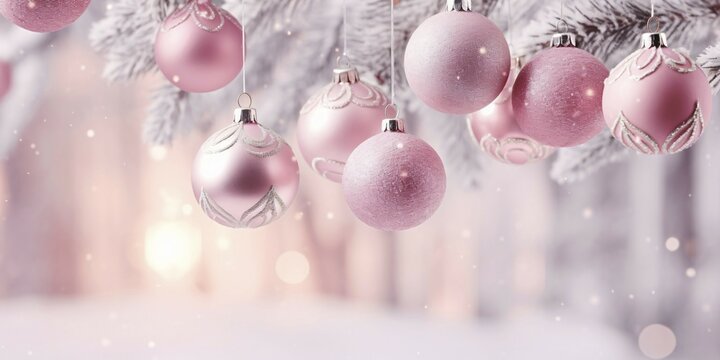Pink Christmas tree baubles on white tree branches. KI generiert, generiert AI generated - Powered by Adobe