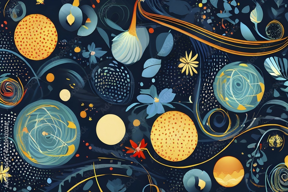 Poster a whimsical abstract pattern with intertwined ribbons, eggs, and floral motifs, with a mix of sharp 