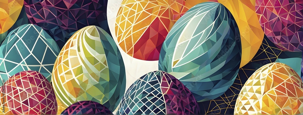 Poster abstract easter egg design with geometric patterns, bold colors, and a mix of textures, creating a m