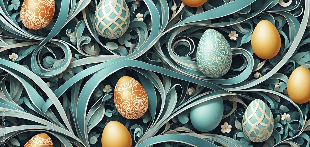 Poster a whimsical abstract pattern with intertwined ribbons, eggs, and floral motifs, with a mix of sharp 