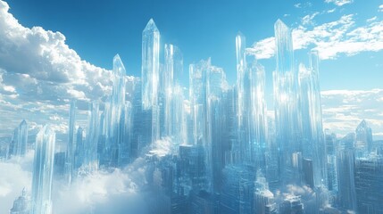 Fototapeta premium A city with translucent buildings shining like crystals under a clear blue sky