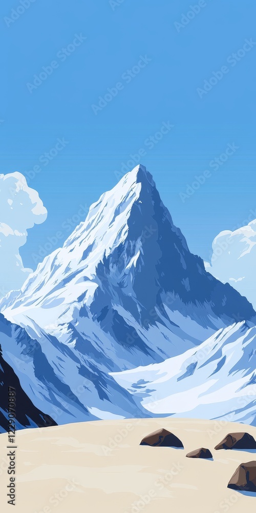 Poster a mountain range with a snow covered peak and a blue sky. the mountain range is in the background an