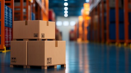 Obraz premium Stacked Wooden Boxes on Pallet in Spacious Warehouse with Bright Aisle Lighting