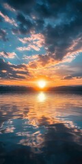 Fototapeta premium Beautiful sunset over a tranquil lake with dramatic clouds and vibrant reflections, capturing a serene and peaceful moment.