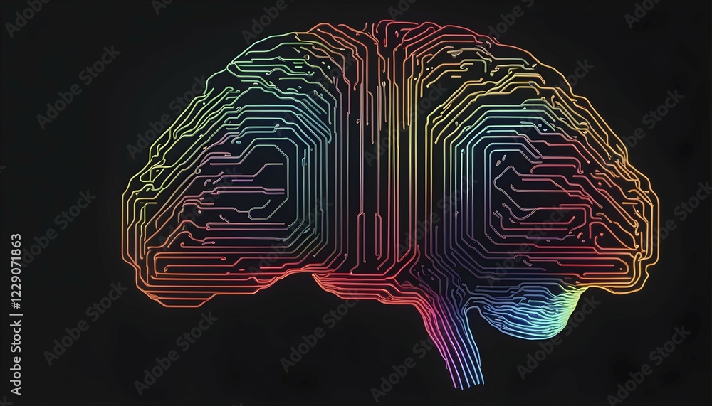Poster abstract digital brain made of interconnected lines and glowing circuits in neon colors, representin