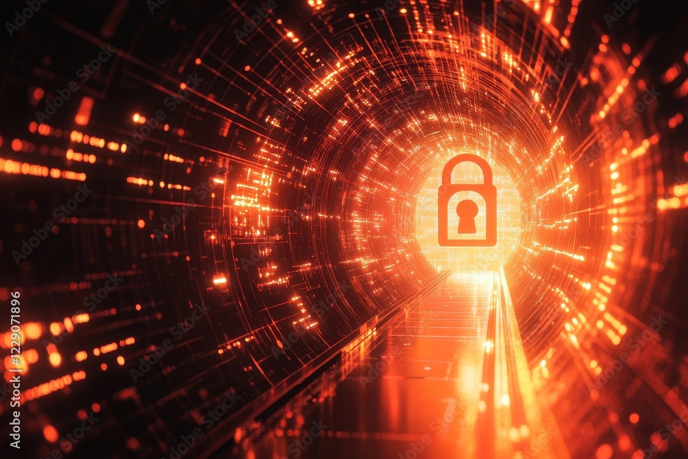 Poster visual representation of digital security with a padlock and data processing through a glowing tunne