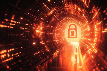 Visual representation of digital security with a padlock and data processing through a glowing tunnel, Security padlock icon and data processing against glowing tunnel