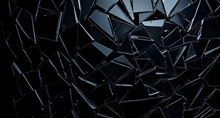 Shattered glass effect – Dark reflective shards, subtle metallic glow, high contrast