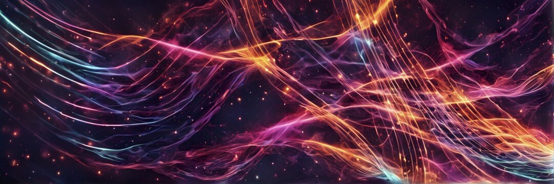 Abstract data stream flowing like liquid light, with sharp lines of code and binary numbers cascading in bright neon colors, AI generated