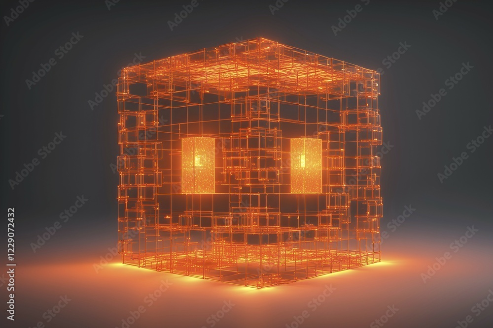 Poster three dimensional render of an orange glowing blockchain cube, ai generated