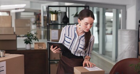 Distribution, box or business woman with label, logistics invoice or reading delivery address on...