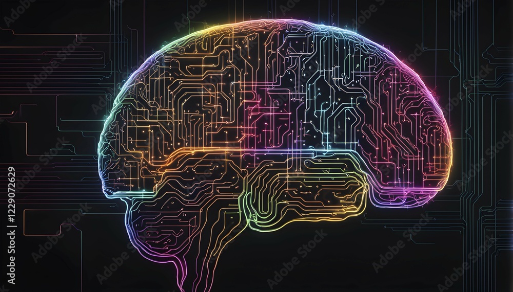 Aufkleber abstract digital brain made of interconnected lines and glowing circuits in neon colors, representin
