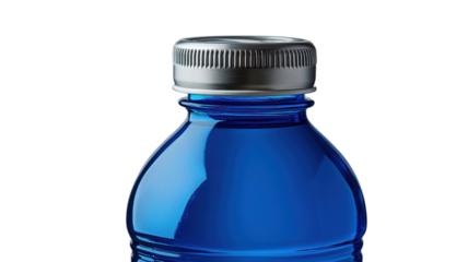 Refreshing blue beverage bottle glistening in soft light near a tranquil outdoor setting