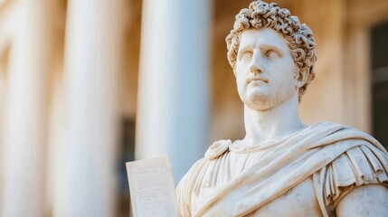 Obraz premium Classical Sculpture of a Roman Emperor Holding a Scroll in Soft Natural Light