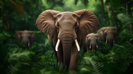 Majestic Elephants Walking Through Lush Green Jungle Surrounded by Nature