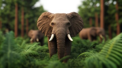 Naklejka premium Majestic Elephant Walking Through Lush Green Landscape in Serene Forest Setting