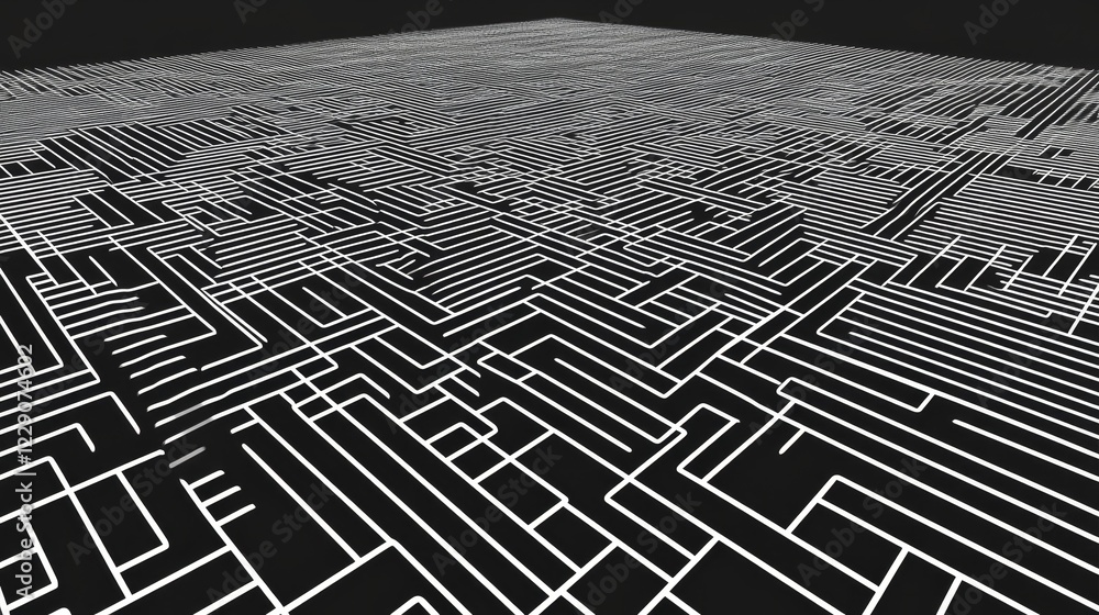 Poster a black and white image of a maze with many lines and squares